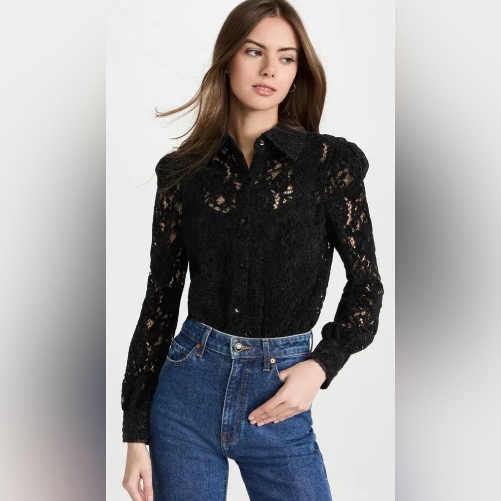 L'AGENCE Black Lace Button Front Long Sleeve Sheer Blouse Size XS